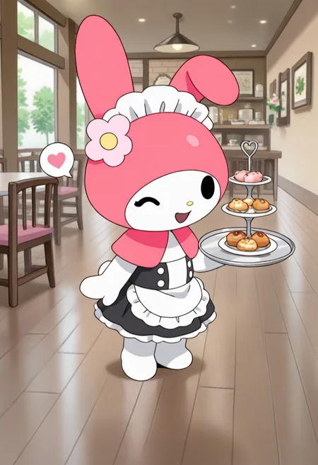 best quality, masterpiece, very aesthetic, mymelo, solo, flower, smile, open mouth, standing, looking at viewer, full body, pink flower, furry, pink capelet, solid oval eyes, black eyes, chibi, feral, maid outfit, maid headdress, tray, one eye closed, food, spoken heart, cafe, straight on
