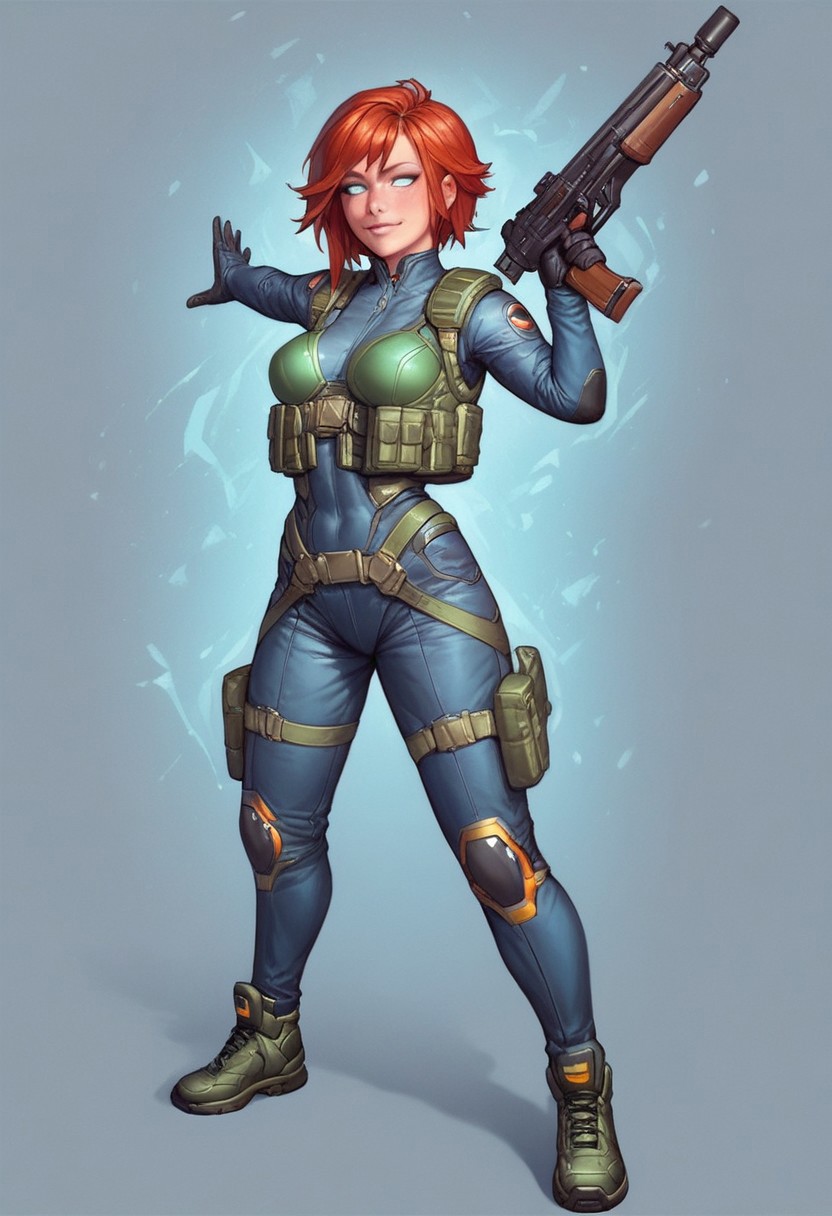 ((1girl, cute face, dynamic pose,
Glowing aura surrounding a futuristic character like the Nomad, clad in a futuristic detailed brown suit handmade, (((futuristic army vest armor))) patches on suit, redhead, long bangs, holographic blue light streaks, medium breasts, (big shining white eyes without pupils:1.5), dynamic pose)), coy smile
BREAK 
((((full closed)))), (((big futuristic gun in hands, sci-fi gun in hands)))
score_9, score_8_up, score_7_up, score_6_up, source_cartoon, rating_explicit, Expressiveh, (((((full body))))), dynamic pose, (in wastelands, sandstorm:1.3)
