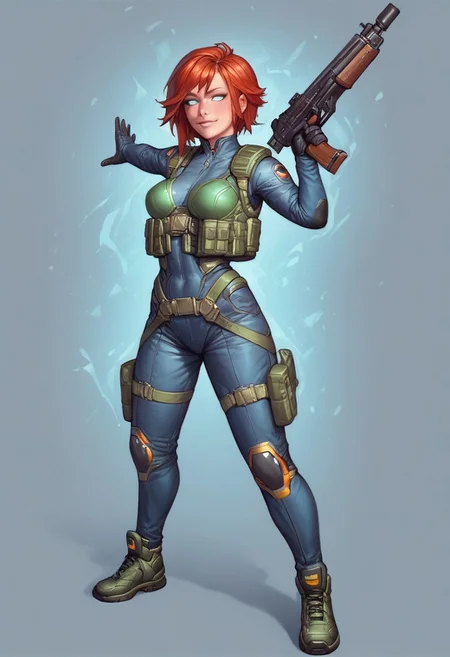 ((1girl, cute face, dynamic pose,
Glowing aura surrounding a futuristic character like the Nomad, clad in a futuristic detailed brown suit handmade, (((futuristic army vest armor))) patches on suit, redhead, long bangs, holographic blue light streaks, medium breasts, (big shining white eyes without pupils:1.5), dynamic pose)), coy smile
BREAK
((((full closed)))), (((big futuristic gun in hands, sci-fi gun in hands)))
score_9, score_8_up, score_7_up, score_6_up, source_cartoon, rating_explicit, Expressiveh, (((((full body))))), dynamic pose, (in wastelands, sandstorm:1.3)