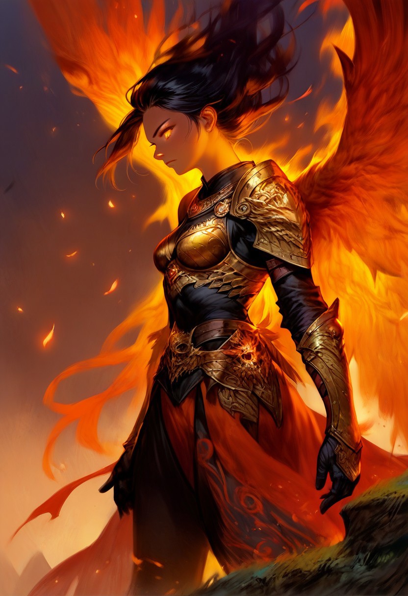 score_9, score_8_up, score_7_up, detailed face, detailed eyes, 1girl, solo, wings, f1r3wings, fire, armor, flying, black hair, fantasy background, glowing eyes,  cowboy shot,