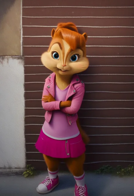 score_9, score_8_up, score_7, score_6, detailed background, town, streets, trees, brittany miller, chipmunk, furry, short ears, jean jacket, pink shirt, pink mini skirt, socks, sneakers, standing, leaning against wall, crossed arms, looking at viewer, front view, smiles, 6 inches tall