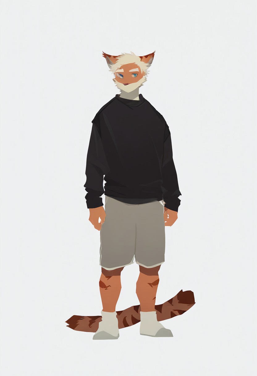 score_9_up, score_8_up, score_7_up, source_furry, dnd, milkytiger, tiger ears, tiger boy, white eyebrows, blue eyes, 1boy, solo, black sweater, gray shorts, full body, standing