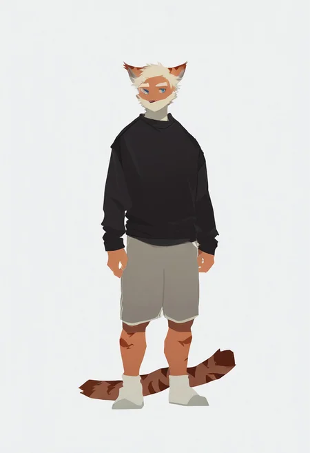 score_9_up, score_8_up, score_7_up, source_furry, dnd, milkytiger, tiger ears, tiger boy, white eyebrows, blue eyes, 1boy, solo, black sweater, gray shorts, full body, standing