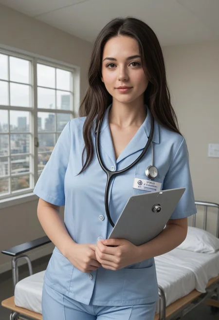 1girl, petite 21yo doctor, sexy, beautiful, beautiful long hair, black hair, detailed face, light brown eyes. very Large breasts, small waist, large hips, short thick legs. (youthful face:1.2).
Hospital, light blue tight scrub top, tight matching scrub pants, stethoscope & ID badge.
realistic, detailed, fine detail, photorealistic, realistic, hyper-detailed