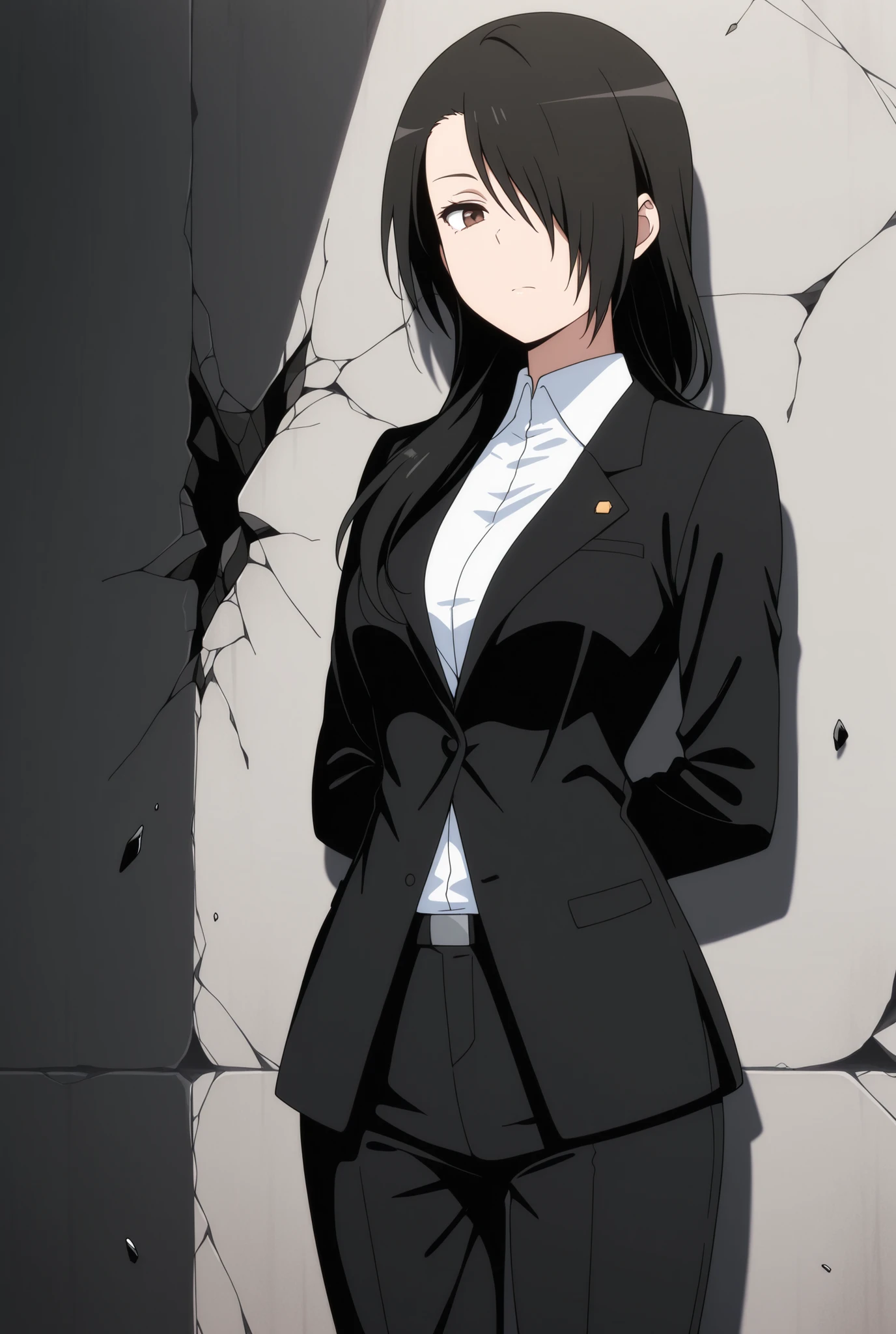 masterpiece, best quality, amazing quality,1girl, solo, BREAK 
,hond4niseko1,black hair,long hair, hair over one eye, brown eyes, formal suit, white shirt, BREAK
 ,cowboy shot,hands behind,