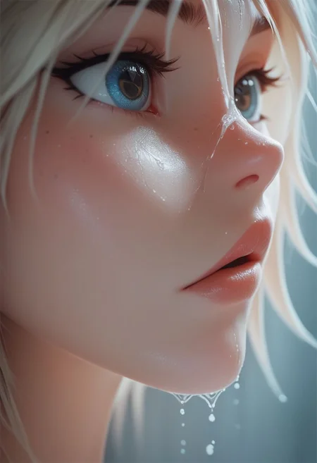 ASCII Busty, (small breasts), macromastia, score_9, score_8_up, score_7_up, score_7, score_6_up, round breasts, round tits), blonde 18yo girl, in the shower, wet hair, pussy, close on eyes, perfect eyes