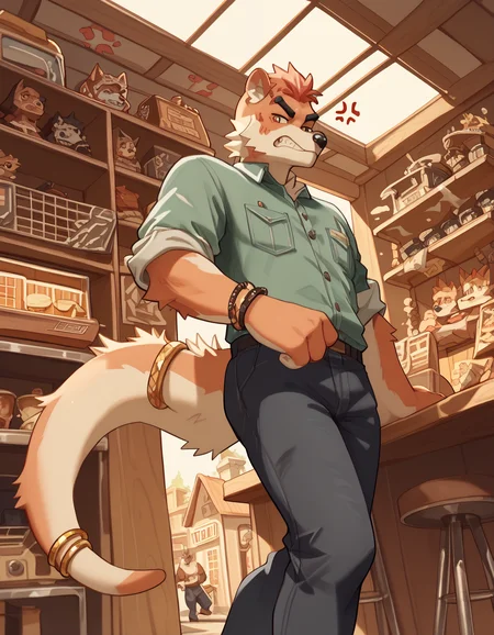 score_9, score_8_up, score_7_up, anthro, furry, dutch angle, anthro, detailed body, hi res, <lora:add-detail-xl:1>, <lora:Greyyy_Artist_Style.safetensors:1.2>, by gr3yyy, tail (ring-tailed vontsira, clothed after sex, looking at hand, anger vein, pawn shop ocean city, detailed background:1.25)