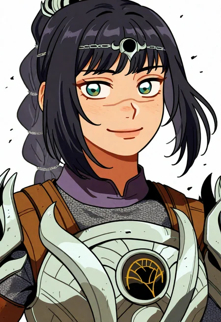 best quality, amazing quality, very aesthetic, absurdres,
BREAK
1girl, solo, shadowheart, black hair, braided ponytail, green eyes, scar on face, circlet, armor,
smile, looking at viewer, upper body, simple background, white background, <lora:ShadowHeartIllustrious_byKonan:0.8>, <lora:Sihyun25Noob_byKonan:1>