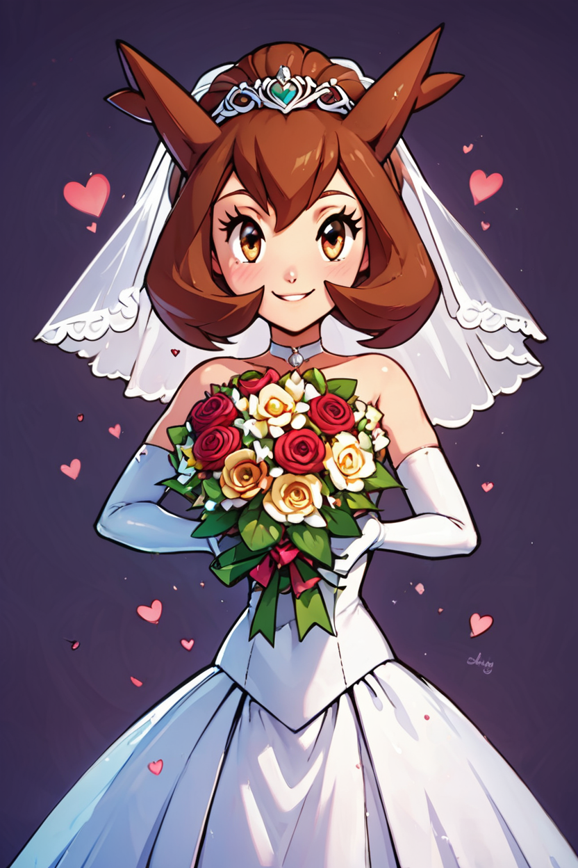 score_9, score_8_up, score_8, medium breasts, (curvy), cute, eyelashes,       BREAK, , zzBianca, brown hair, brown eyes, medium hair, hair between eyes,  <lora:Bianca_PokemonHeroes_PDXL_v2:0.7>,, BREAK, smile, looking at viewer,  bride, wedding dress, bridal veil, strapless dress, elbow gloves,  holding bouquet,  hearts, white outline, cowboy shot, embedding:zPDXL, Expressiveh, <lora:CatalystStylePDXL:0.6>,  <lora:SDXLFaeTastic2400:0.5>,  <lora:Expressive_H-000001:0.4>,