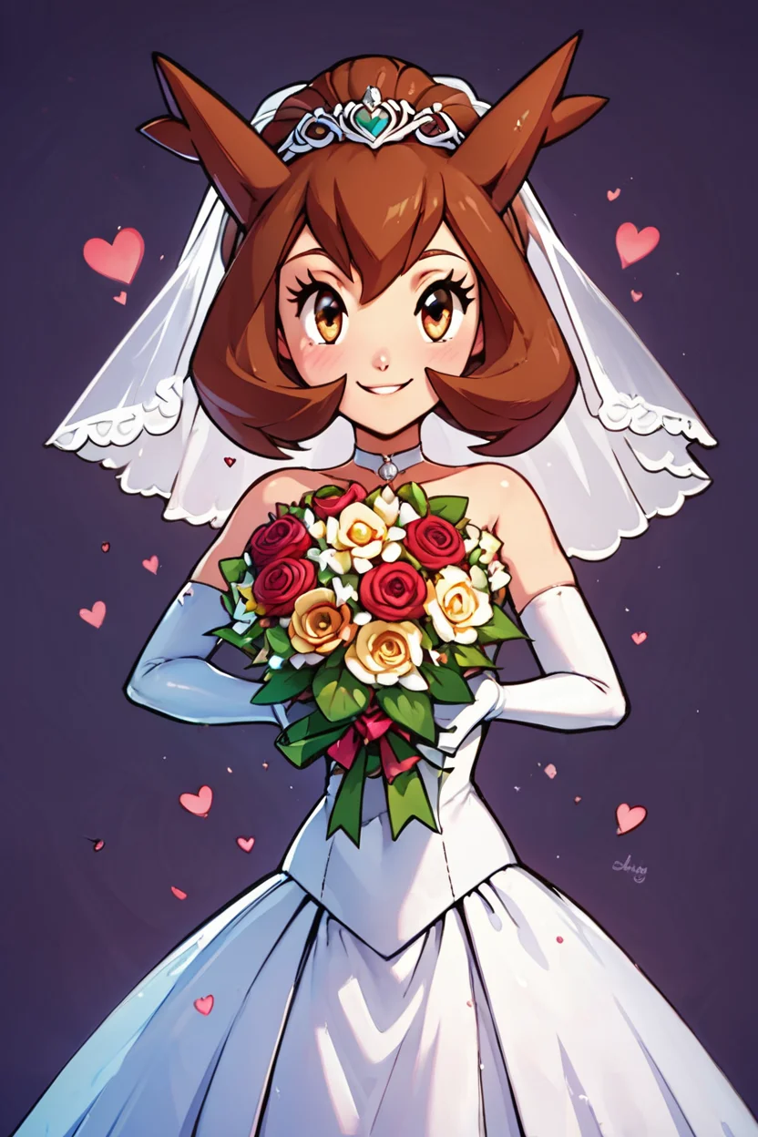 score_9, score_8_up, score_8, medium breasts, (curvy), cute, eyelashes, BREAK, , zzBianca, brown hair, brown eyes, medium hair, hair between eyes, <lora:Bianca_PokemonHeroes_PDXL_v2:0.7>,, BREAK, smile, looking at viewer, bride, wedding dress, bridal veil, strapless dress, elbow gloves, holding bouquet, hearts, white outline, cowboy shot, embedding:zPDXL, Expressiveh, <lora:CatalystStylePDXL:0.6>, <lora:SDXLFaeTastic2400:0.5>, <lora:Expressive_H-000001:0.4>,