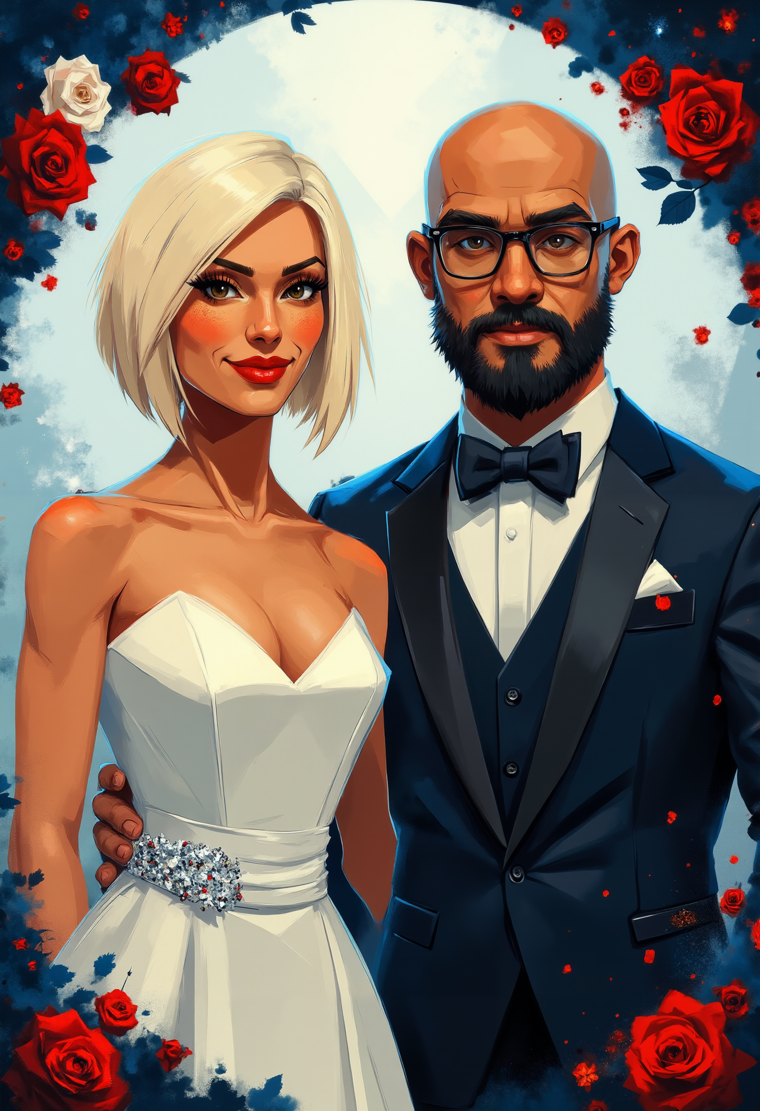 pst009, full-body wedding portrait of a white couple, two people together, a blonde 40-year-old woman with short asymmetric bob karen hair cut, wearing a fancy white wedding dress, a bald 40-year-old man with thin glasses wearing a tuxedo with no beard, in a flowery background