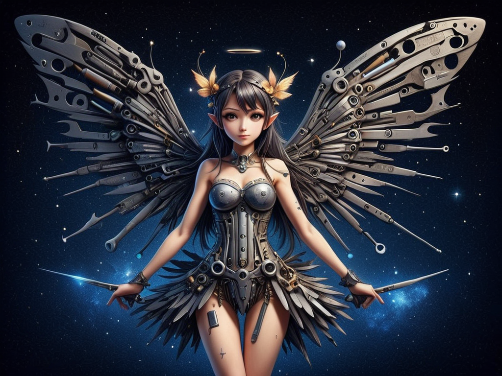 a anime fairy with (wings:1.5) made of tools , deep shadow, star (sky) <lora:tools-world-morph:0.8>