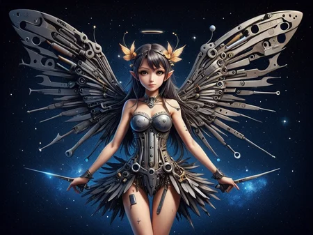 a anime fairy with (wings:1.5) made of tools , deep shadow, star (sky) <lora:tools-world-morph:0.8>