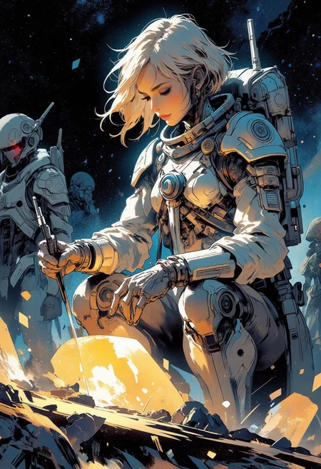 Mh1$AgThS2, intricate linework with expressive contrasts, soft lighting with dynamic highlights, blonde female astronaut scientist with dark eyeshadow, in spacesuit, investigating glowing rocks on a distant planet, with non-humanoid robotic science droids, dark sky, stars, nebula. Impressionistic, ligne claire outlines for clarity and structure, In the style of ff-td