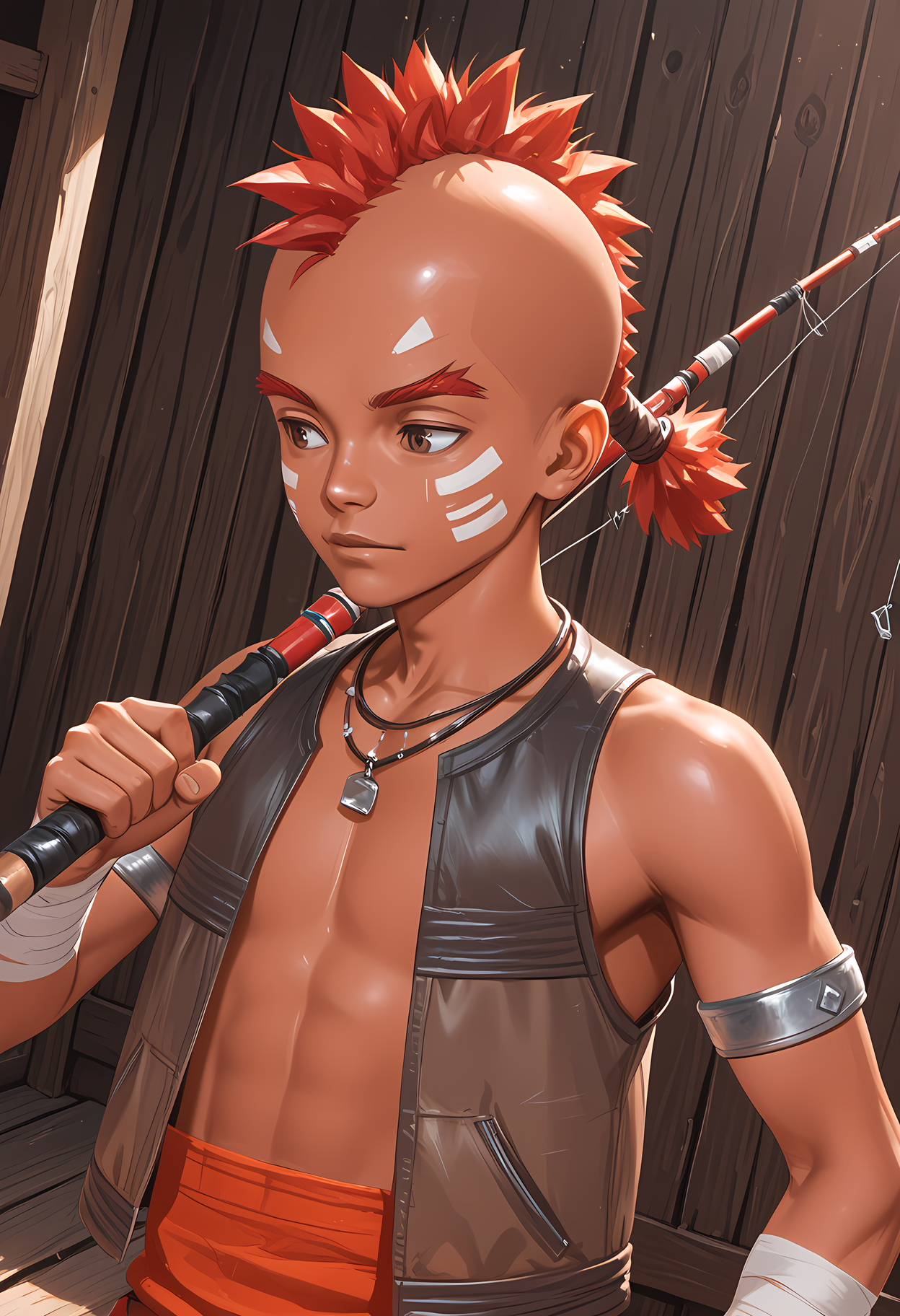 masterpiece, best quality, amazing quality, dutch angle, abstract background, BREAK
solo, 1boy, male focus, cc_korcha, red hair, mohawk, low ponytail, brown eyes, dark skin, face paint, open vest, upper body focus, wrist bandage, fishing pole, BREAK
<lora:cfg_scale_boost:.6>  <lora:Korcha_-_Chrono_Cross_-_ILXL:1>