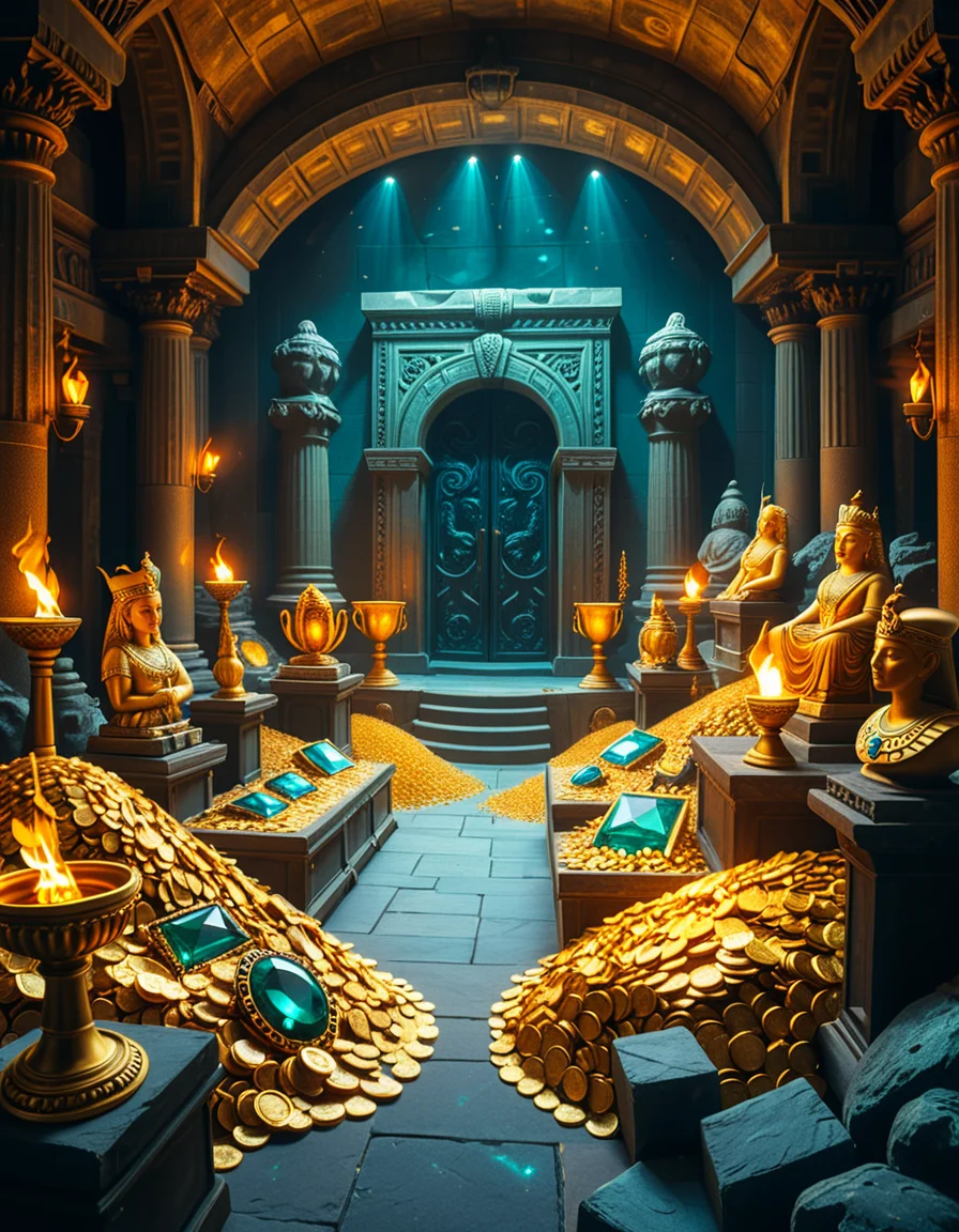 A hidden treasure chamber deep within an ancient temple, illuminated by the warm golden glow of torches and mystical blue light from enchanted crystals. The room is filled with piles of gold coins, jewel-encrusted goblets, and ancient artifacts covered in dust. Massive stone statues of forgotten deities guard the chamber, their eyes glowing faintly as if watching intruders. In the center, a grand pedestal holds a legendary artifact—an ornate golden crown encrusted with emeralds and sapphires, shimmering with an otherworldly aura. The walls are adorned with intricate carvings depicting lost civilizations, and creeping vines hint at centuries of abandonment. The atmosphere is mystical and slightly eerie, with a sense of both wonder and danger. The air is thick with the scent of aged parchment and burning incense, adding to the chamber’s ancient and mysterious feel. Cinematic lighting with dramatic shadows enhances the depth and richness of the scene, creating a visually stunning and immersive environment.
<lora:SDXLFaeTastic2400:0.4> <lora:extremely_detailed:0.4> extremely detailed, <lora:treasure_ch4mb3r:1>,treasure ch4mb3r, Masterpiece,best quality,hi res,8k,hi res,8k,award winning,(sharp focus, intricate, highly detailed),