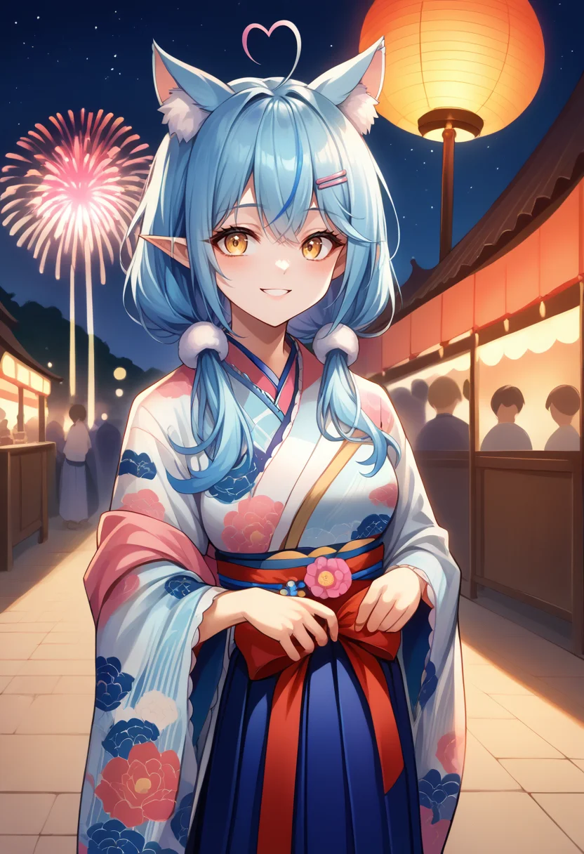 score_9, score_8_up, score_7_up, source_anime, 1girl, solo, LamyNewYear, blue hair, low twintails, heart ahoge, cat ears, hairclip, kimono, floral print, sash, red bow, hakama skirt, blue hakama, outdoors, night, festival, food stalls, smile, fireworks, <lora:ChamYukihanaLamyPony:1>