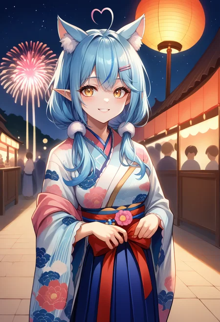 score_9, score_8_up, score_7_up, source_anime, 1girl, solo, LamyNewYear, blue hair, low twintails, heart ahoge, cat ears, hairclip, kimono, floral print, sash, red bow, hakama skirt, blue hakama, outdoors, night, festival, food stalls, smile, fireworks, <lora:ChamYukihanaLamyPony:1>