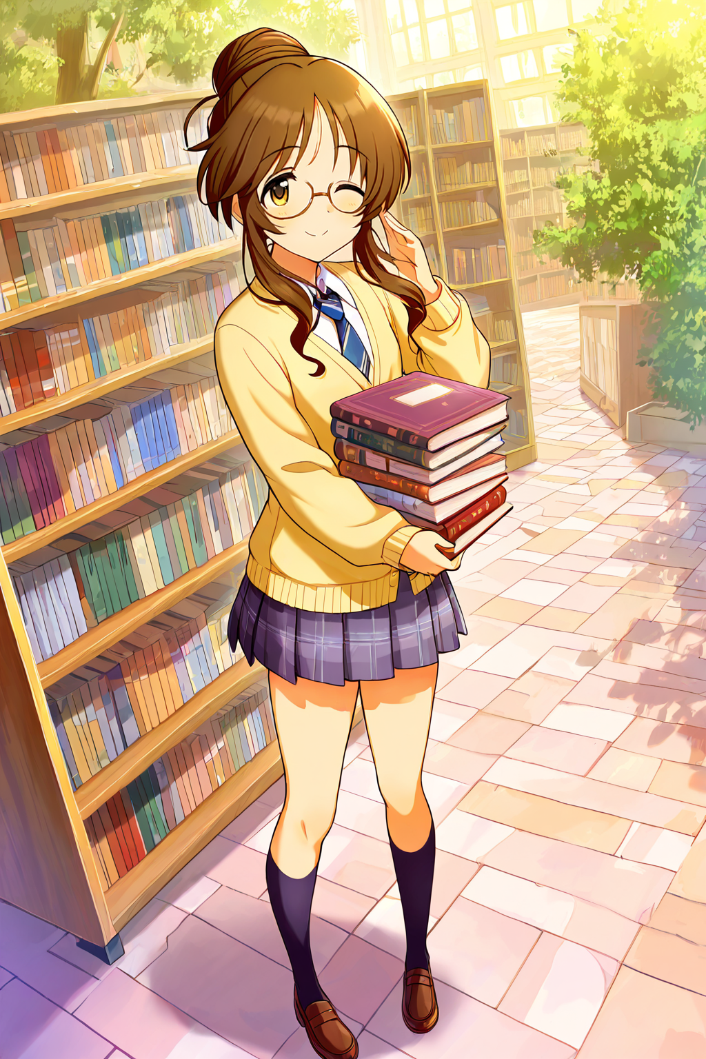masterpiece,best quality,very aesthetic,absurdres,highres,newest,official art,official style,
1girl,solo,
takamori aiko,brown eyes,brown hair,long hair,
glasses,one eye closed,school uniform,
<lora:eye_focus:1>,eye_focus,
outdoors,library,bookshelf,book stack,
smile,standing,full body,
<lora:idolmaster_takamori_aiko_ill_v1.0:1>,