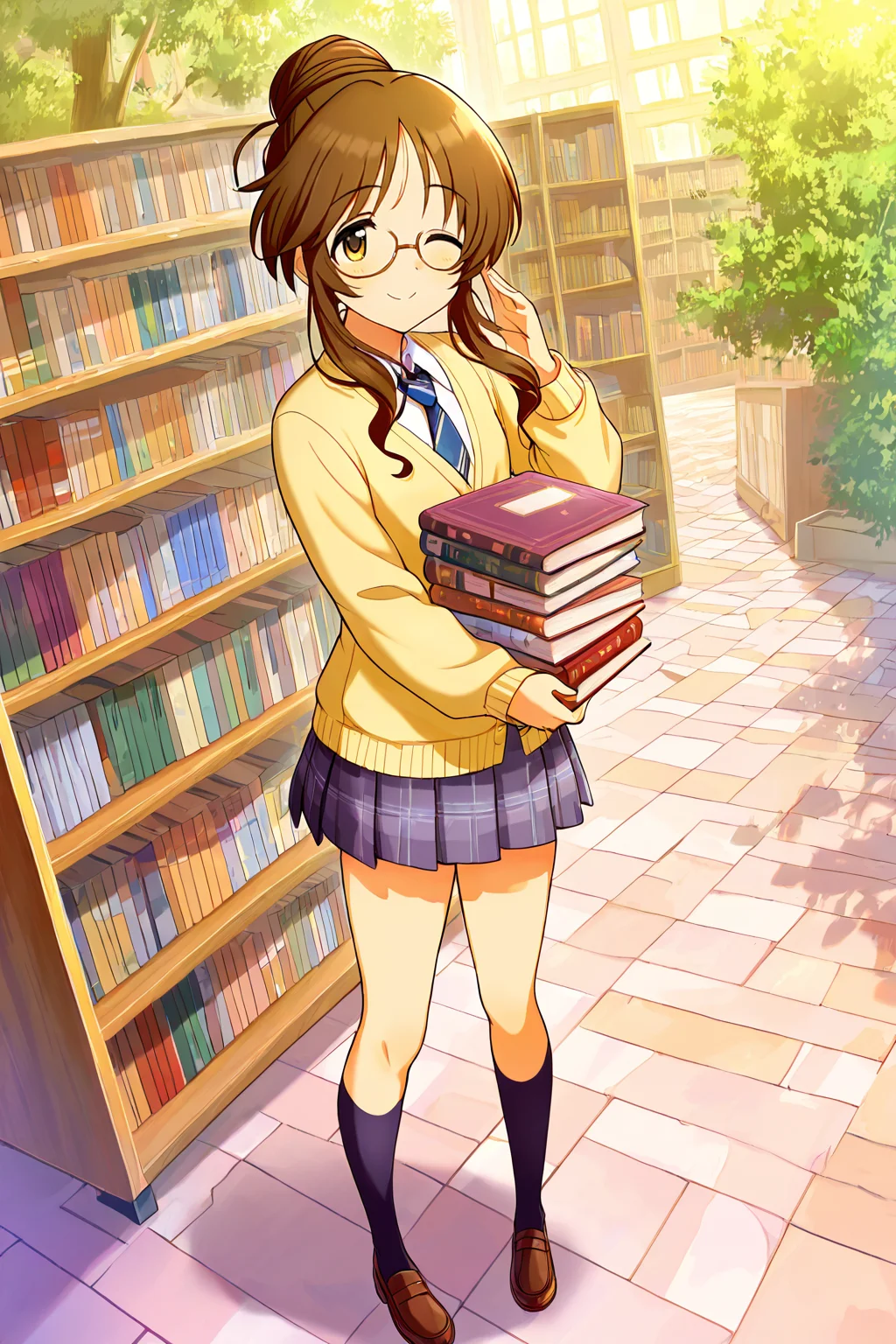 masterpiece,best quality,very aesthetic,absurdres,highres,newest,official art,official style,
1girl,solo,
takamori aiko,brown eyes,brown hair,long hair,
glasses,one eye closed,school uniform,
<lora:eye_focus:1>,eye_focus,
outdoors,library,bookshelf,book stack,
smile,standing,full body,
<lora:idolmaster_takamori_aiko_ill_v1.0:1>,