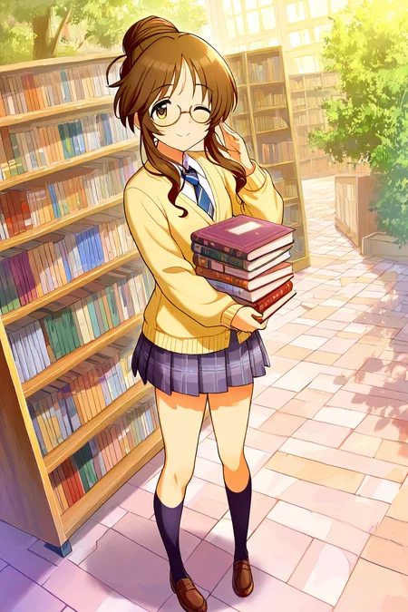 masterpiece,best quality,very aesthetic,absurdres,highres,newest,official art,official style,
1girl,solo,
takamori aiko,brown eyes,brown hair,long hair,
glasses,one eye closed,school uniform,
<lora:eye_focus:1>,eye_focus,
outdoors,library,bookshelf,book stack,
smile,standing,full body,
<lora:idolmaster_takamori_aiko_ill_v1.0:1>,