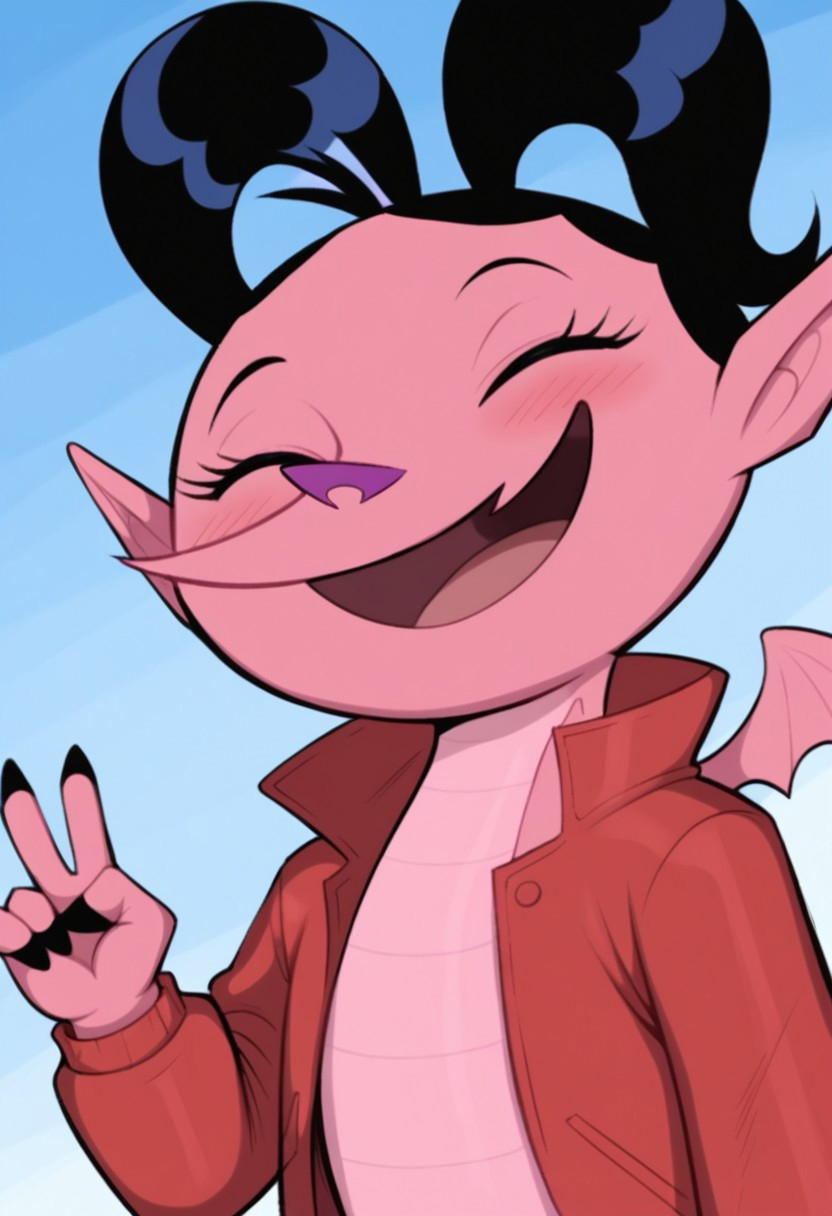 score_9, score_8_up, score_7_up, Expressiveh, masterpiece, best quality, highly detailed, realistic, zPDXL3, 1girl, solo, (HaleyLongDG, female furry, furry, anthro, dragon, scalie, black hair, twintails, eyes closed, purple nose, pink body, pink scales, small wings, pink wings, pointy ears, tail, claws, blushing), ((close-up, upper body, standing)), smile, tongue, open mouth,  blue background, simple background, red jacket, blue pants, clothed, peace sign, (((4 fingers))), afbul