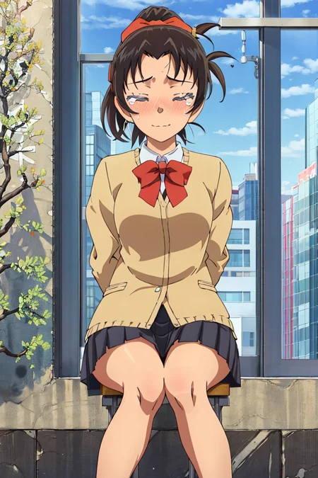 kazuhatv,1girl,solo,short hair,hair ribbon,ponytail,small breasts,school uniform, pleated skirt,sky,cityscape,sitting, looking at viewer,closed eyes, nose blush,Wipe away tears,happy,
<lora:kazuhatv:0.8>
