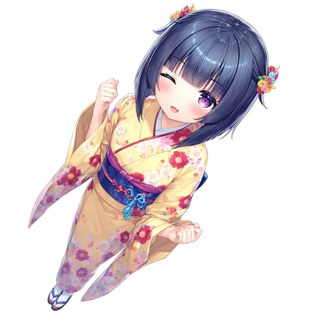 masterpiece, best quality, good quality, very awa, very aesthetic, absurdres, newest,shigure \(nekopara\), 1girl, solo, japanese clothes, kimono, purple eyes, black hair, floral print, smile, looking at viewer, yellow kimono, sash, open mouth, long sleeves, dutch angle, obi, blush, wide sleeves, hair ornament, short hair, closed mouth, print kimono, flower,full body, dutch angle,one eye closed, smile,white background, close-up, looking at viewer, standing, <lora:shigure_nekopara:0.8>