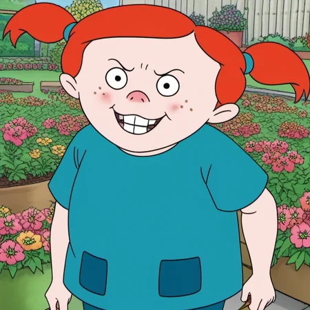 solo, 1girl, vvhh1, young child, orange hair, twintails, freckles, cute, sweet, happy, looking at viewer, wide eyed, aqua shirt, blue pants, blush, sweet, picking flowers, garden, official style, <lora:vvhh1:1>,