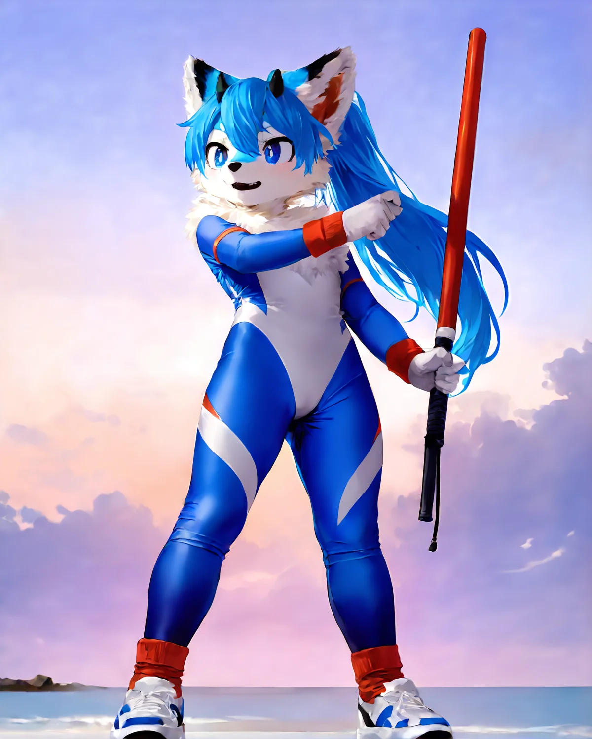 score_9,score_8_up,score_7_up,best quality,amazing quality,very aesthetic,absurdres,official art,intricate details,hyperdetailed,BRAKE,
(furry:1.2),horns,blue and white fur,furry paws,lycra fur suit,blue and white bodysuit,sky,sky background,outdoors,blue eyes,furry ears,realistic,solo,full body,<lora:LycraFursuit-000008:1>,