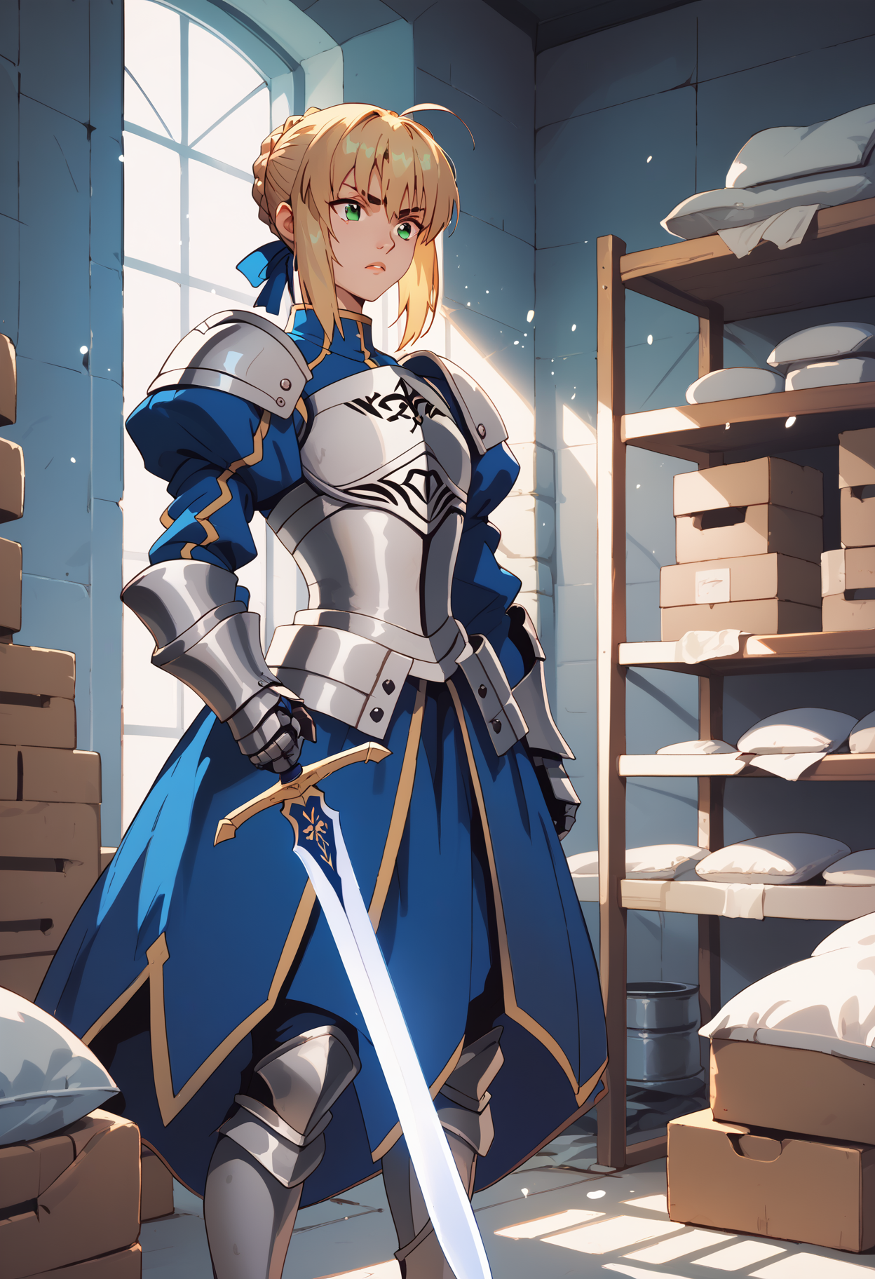 score_9,  score_8_up, score_7_up <lora:golden-boy-ponyxl-000025:0.8> <lora:KatounPony:0.5> artoria pendragon \(fate\), saber, armor, sword,
1girl, gym storeroom, indoors, sunbeam, light particles