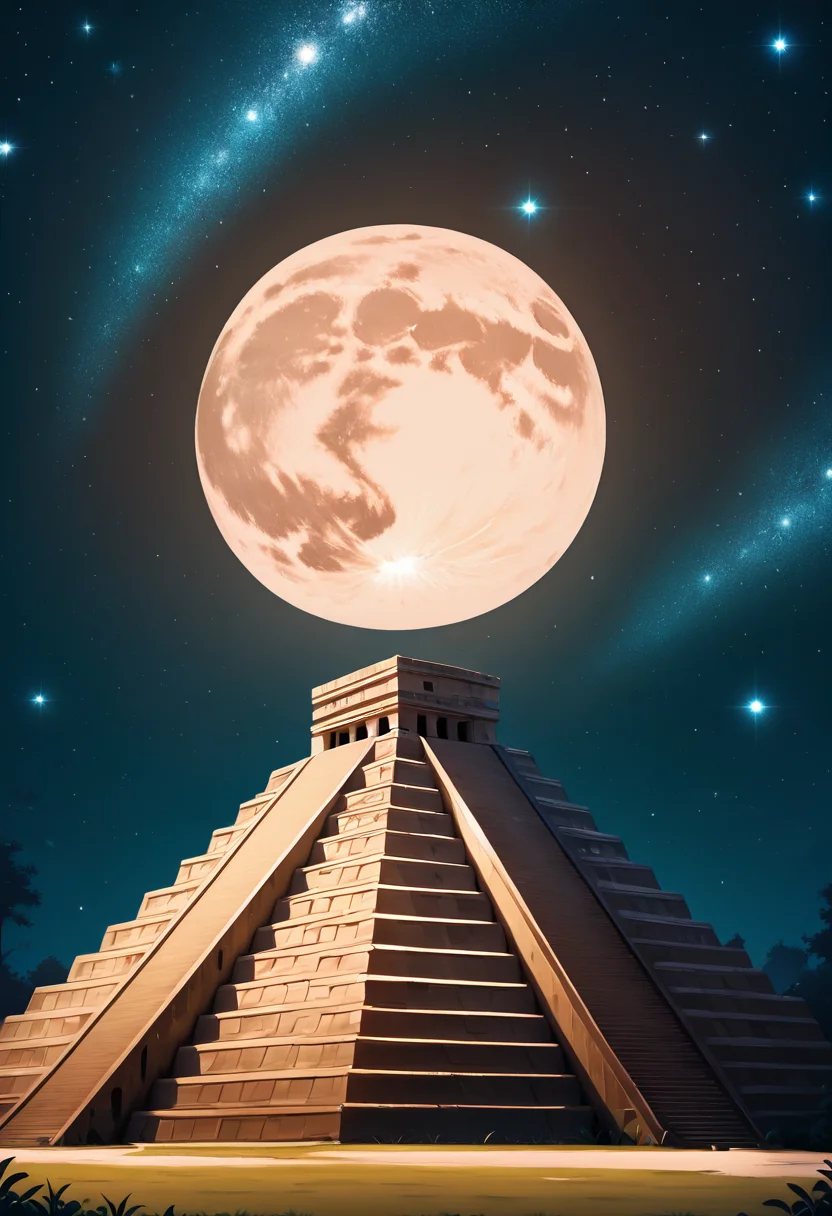 masterpiece, best quality, no humans, Ch1chen, no humans, night, moon, star (sky), night sky, full moon, starry sky, ,<lora:ChichenItza_IXL_v1:1.0>,