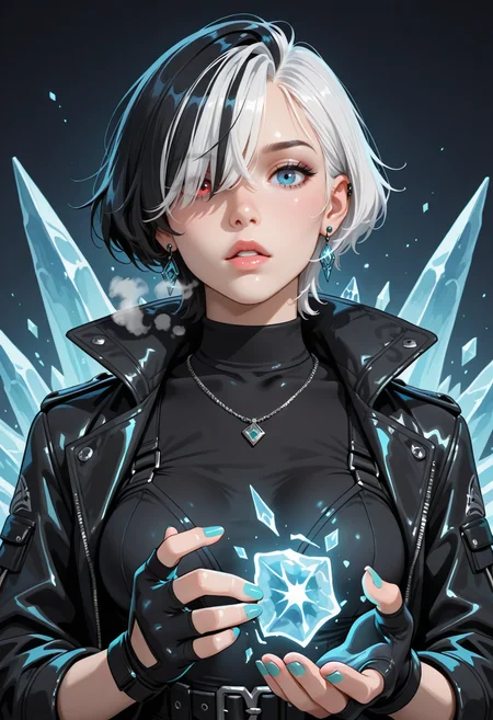 1girl, solo, gloves, heterochromia, multicolored hair, fingerless gloves, black hair, white hair, jewelry, earrings, jacket, two-tone hair, short hair, red eyes, black gloves, black jacket, blue eyes, blue nails, looking at viewer, parted lips, upper body, breasts, nail polish, necklace, medium breasts, lips, aqua nails, hair over one eye, hyur, streaked hair, ice magic, breath,
