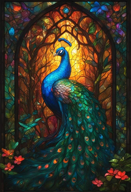 Stained Glass, peacock, tropical rainforest with magical creatures, whimsical elements, vivid colors, ultra sharp, soft textures, exquisite detail, flawless composition, vivid colors, masterpiece, highest quality, extremely detailed CG unity 8k wallpaper <lora:ArsMJStylePony_-_Stained_Glass:0.8> ArsMJStyle, Stained Glass