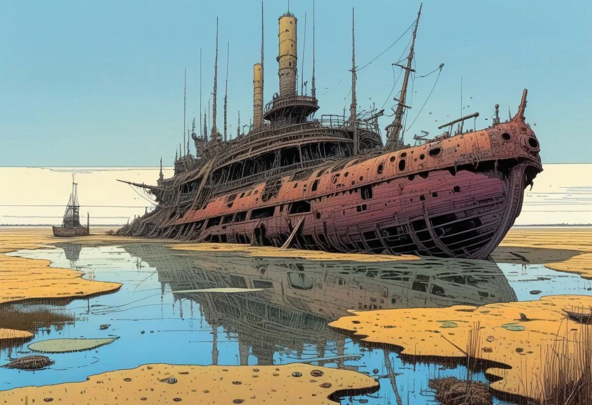 Landscape, Moebius (Jean Giraud) Style page, sunken ship, poison, swamp, marsh