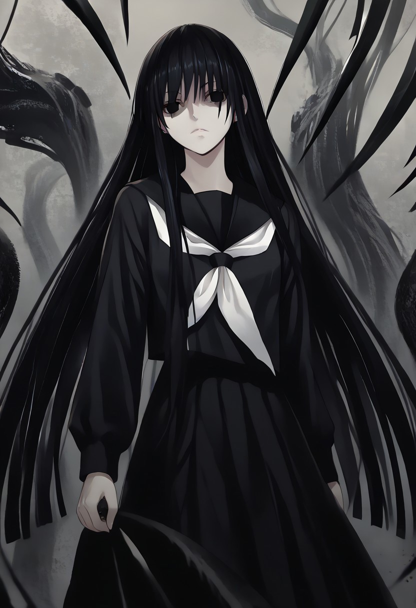 score_9, score_8_up, score_7_up, score_6_up, score_5_up, score_4_up, source_anime, 1girl, solo, 
hagoromo gitsune,shaded face,black eyes,empty eyes,black hair,very long hair, 
black serafuku,pantyhose,black sailor collar,black skirt, 
masterpiece, best quality, very aesthetic, absurdres,