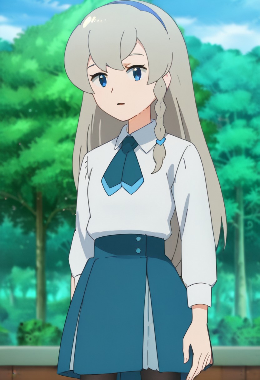 score_9, score_8, score_7_up, source_anime, anime_coloring, anime_screenshot, rating_safe
PKMNRegina, 1girl, long hair, grey hair, bangs, braid, side braid, single braid, hairband, blue hairband, blue eyes, white shirt, collared shirt, school uniform, necktie, blue necktie, long sleeves, skirt, blue skirt, pantyhose, 
cowboy shot, dynamic poses. solo