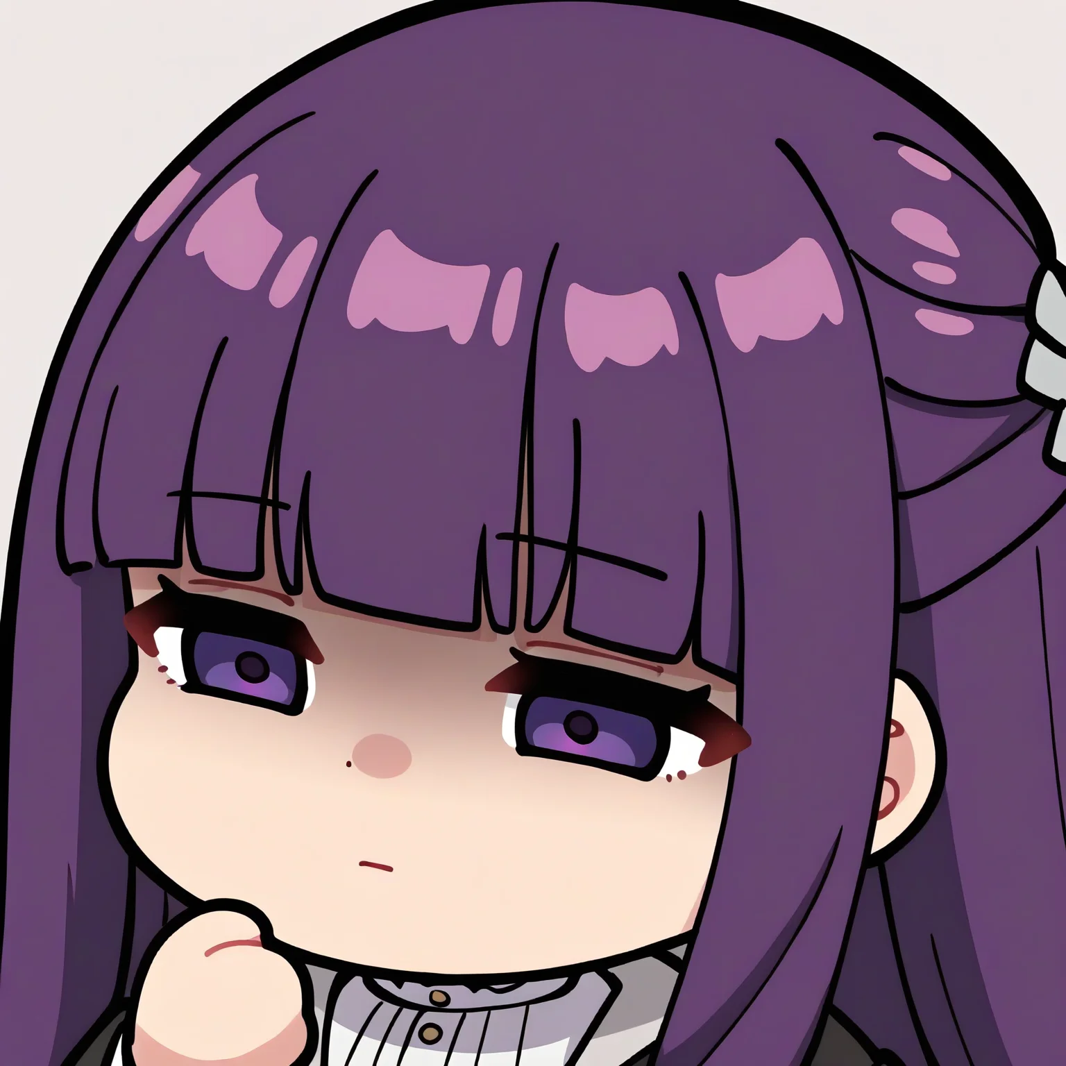 <lora:EmoteStyleSDXL:1>, best quality, masterpiece, emote, chibi, fern \(sousou no frieren\), purple hair, purple eyes, expressionless, narrowed eyes, uncomfortable, upper body,