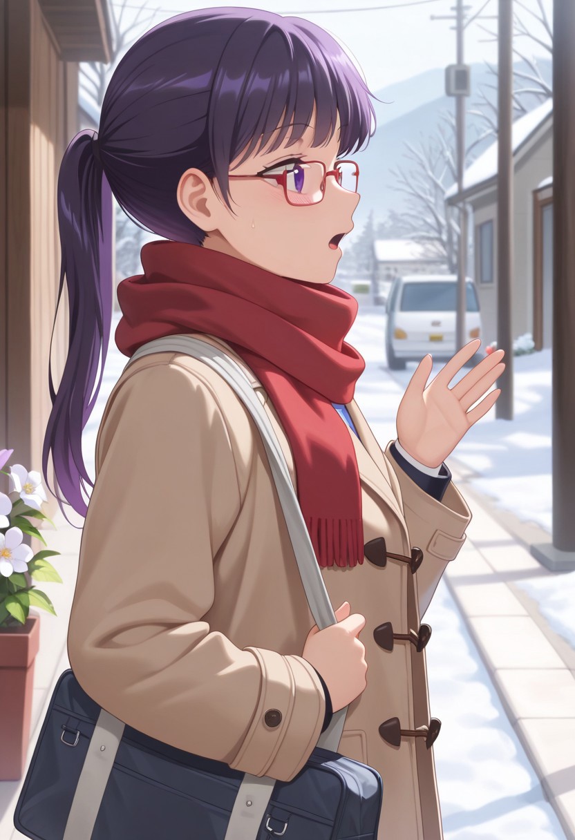 masterpiece,best quality,amazing quality, morizono maria, long hair, purple hair, purple eyes, 1girl, scarf, solo, glasses, ponytail, bag, red scarf, flower, red-framed eyewear, coat, open mouth, from side, school uniform