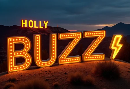 Photo of a sign in the mountains, in the style of the hollywood sign. Every letter of the sign spell: "HOLLY BUZZ". The word BUZZ lighted with intense shiny yellow neon lights. Next to the letters there is a neon light shaped like a lightning bolt logo.