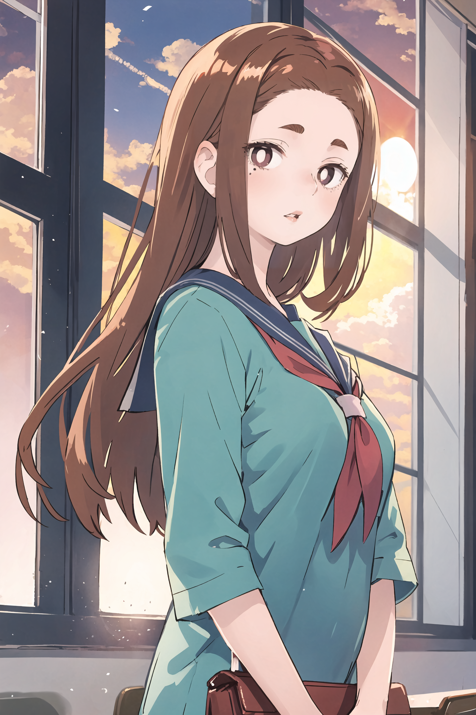 1girl, ogawa sumireko,  solo, white pupils, long hair, asymmetrical bangs, aged down, medium breasts, serafuku, hand in own hair, looking at viewer, parted lips, classroom, backlighting, sunset, window, cowboy shot, floating hair