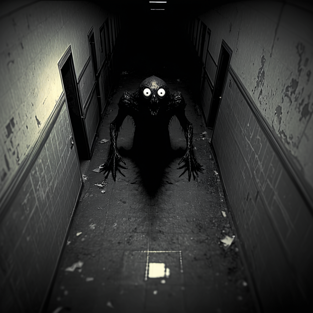 horrorcctvlora, abandoned hallway, horror (theme), monster, monochrome, bird view, looking at viewer