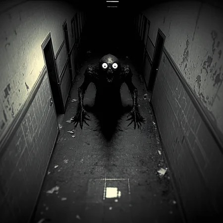 horrorcctvlora, abandoned hallway, horror (theme), monster, monochrome, bird view, looking at viewer