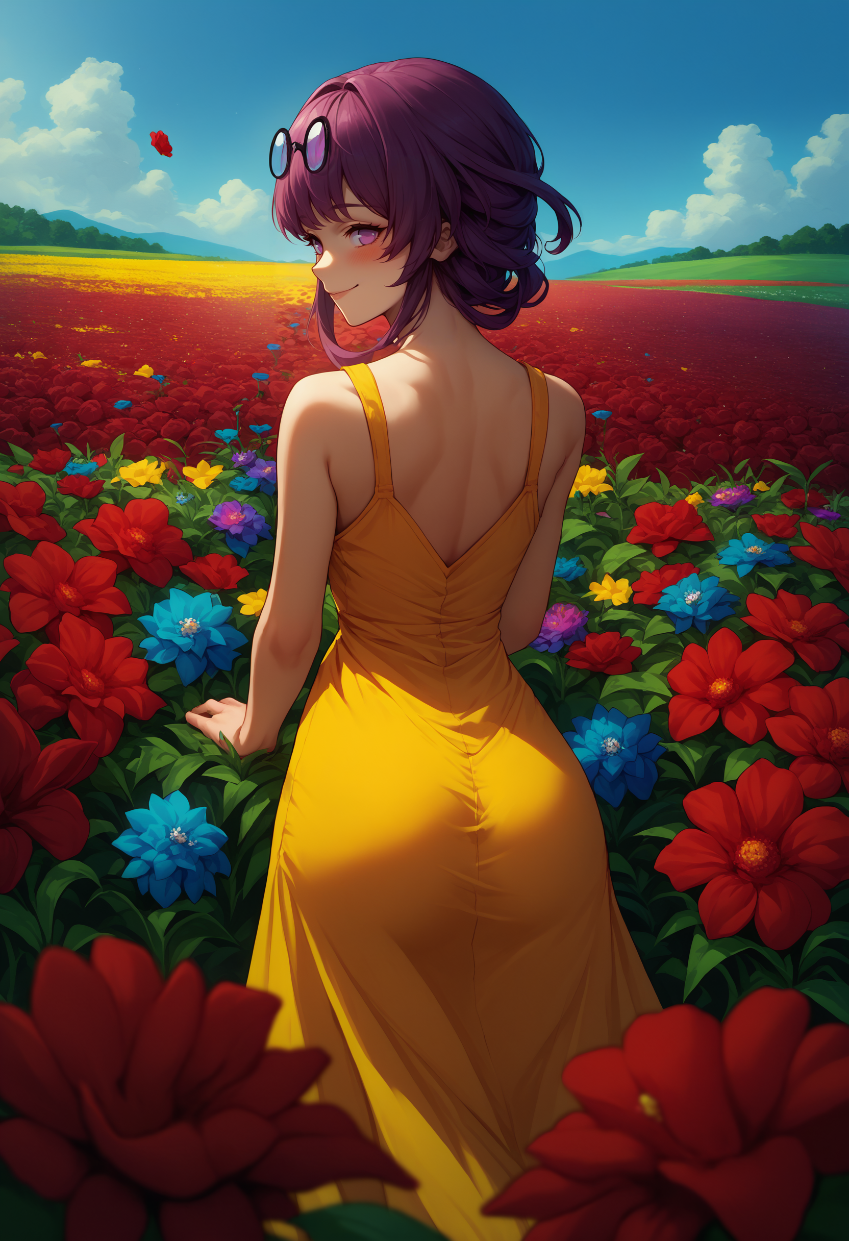 score_9, score_8_up, score_7_up, source_anime, 1girl, kafka, purple eyes, bangs, eyewear on head, <lora:Kafka_XLPD:1>, yellow sundress, flowers, colorful flowers, red flowers, blue flowers, field, from behind, looking back, smile, blush