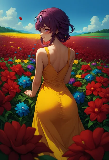score_9, score_8_up, score_7_up, source_anime, 1girl, kafka, purple eyes, bangs, eyewear on head, <lora:Kafka_XLPD:1>, yellow sundress, flowers, colorful flowers, red flowers, blue flowers, field, from behind, looking back, smile, blush