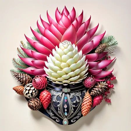 Colored Pencil Art of (Bipolar Photo:1.3) of (Screen print:1.3),(Hopeless:1.3) Pine Cones: Seed-bearing cones from pine trees.,Girdle: A belt or sash worn around the waist, often decorative.,Hairpins with Jewels: Decorative pins used to secure hair, often set with gems.,Seashells: Hard, protective outer layers created by marine mollusks.,Wrought Ironwork: Decorative and functional items made from iron that has been heated and shaped by hand. <lora:more_details:1> <lora:Dark Fantasy:1> <lora:stylesqueeze_v3_xl:1> <lora:Perfect Hands:1>,(by Artist Hsiao-Ron Cheng:1.3),Highly Detailed,(Abstract Art:1.3),(Magenta hue:1.3), colored pencil strokes, light color, visible paper texture, colored pencil art