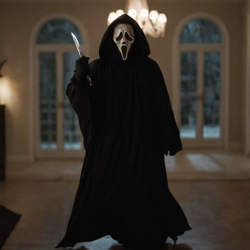 cinematic film still of  <lora:Chiaroscuro Lighting Style:1> Chiaroscuro Lighting Style
 <lora:Ghostface:1>
Ghostface a man in a black robe holding a knife,scream horror movie style,solo,gloves,1boy,holding,upper body,weapon,male focus,indoors,hood,wide sleeves,holding weapon,blurry,mask,knife,1other,robe,holding knife,dagger,statue,holding dagger,black robe,chandelier , realistic, sharp, detailed, classic, 1990's, horror, photography, artistic, perfect knife, crazy, shallow depth of field, vignette, highly detailed, high budget, bokeh, cinemascope, moody, epic, gorgeous, film grain, grainy