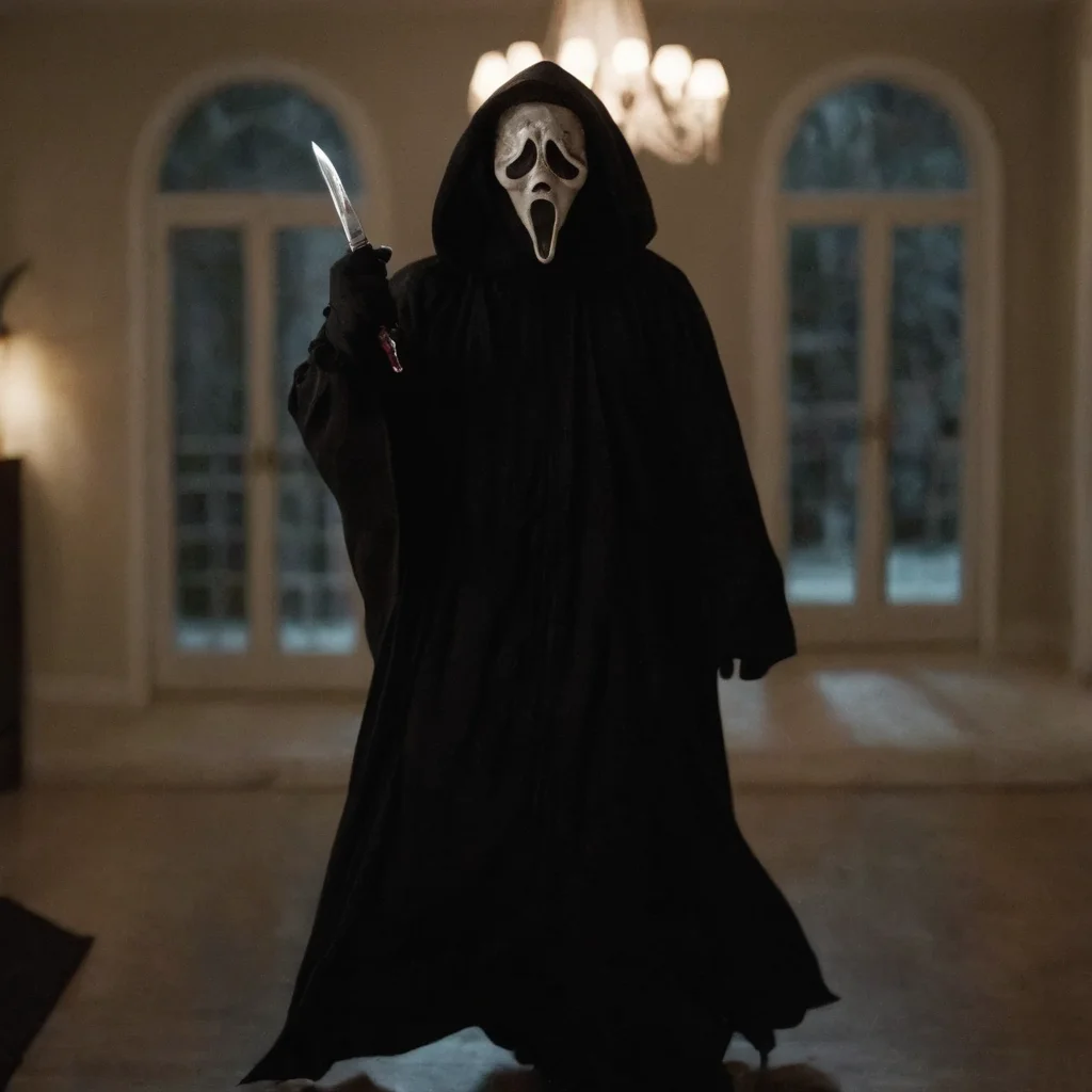 cinematic film still of  <lora:Chiaroscuro Lighting Style:1> Chiaroscuro Lighting Style
 <lora:Ghostface:1>
Ghostface a man in a black robe holding a knife,scream horror movie style,solo,gloves,1boy,holding,upper body,weapon,male focus,indoors,hood,wide sleeves,holding weapon,blurry,mask,knife,1other,robe,holding knife,dagger,statue,holding dagger,black robe,chandelier , realistic, sharp, detailed, classic, 1990's, horror, photography, artistic, perfect knife, crazy, shallow depth of field, vignette, highly detailed, high budget, bokeh, cinemascope, moody, epic, gorgeous, film grain, grainy