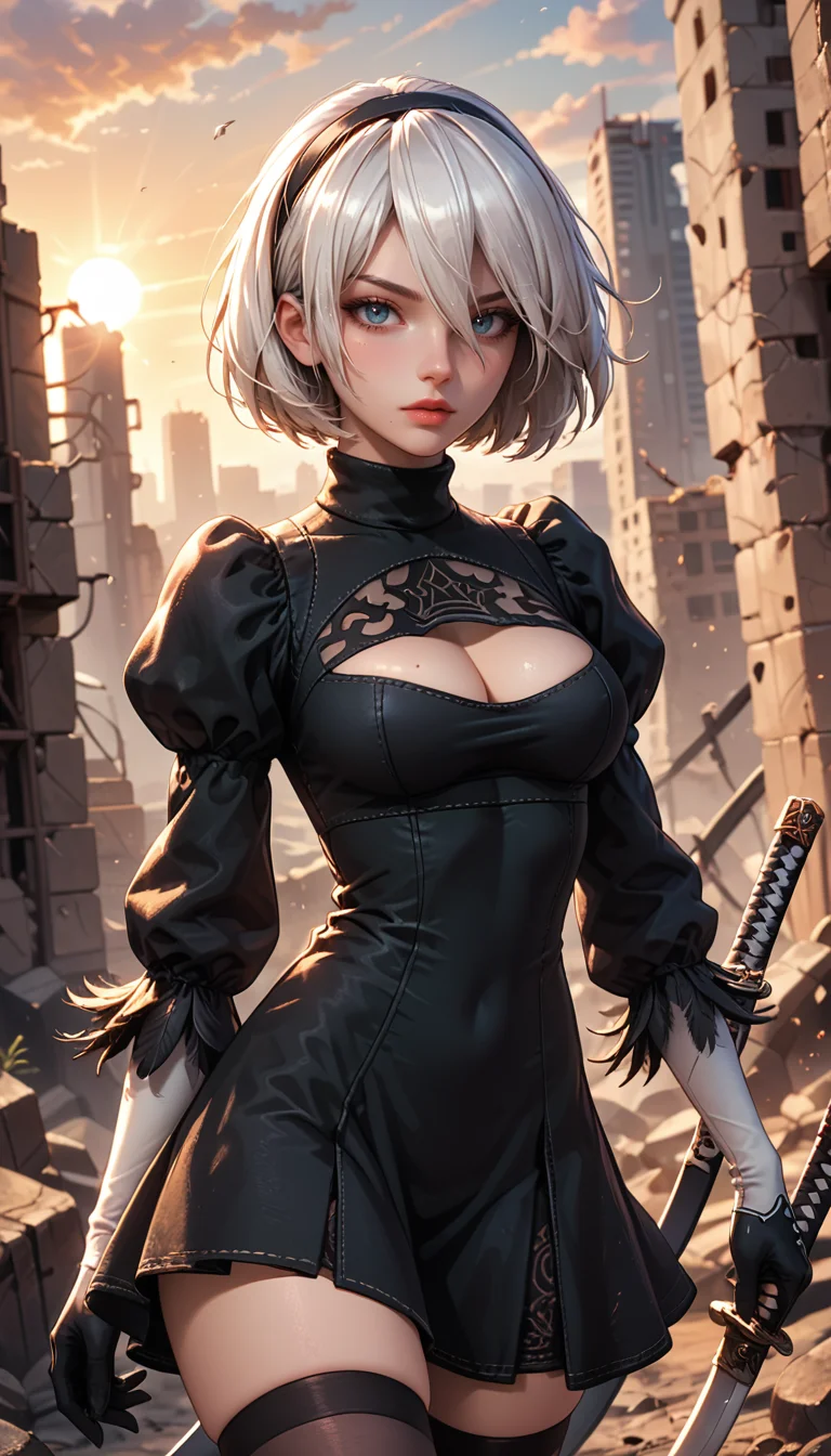 score_9, score_8_up, score_7_up, Cowboy Shot, yorha no. 2 type b, short white hair, black dress, hairband, black gloves, clothing cutout, cleavage cutout, puffy sleeves, long sleeves, black hairband, feather-trimmed sleeves, juliet sleeves, mole under mouth, holding katana, black thighhighs, turtleneck, sunset, rubble in the background, 4n1v3rs3, depth of field, dynamic angle, fashion photography, sharp, hyperdetailed:1.15
