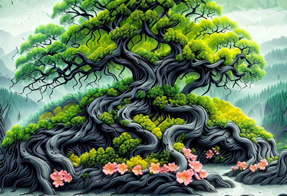 large tree on an island with lots of boulders in the water, moss grows where it can along with flowers, a multitude of trees can be seen forming a forest, artflwtr